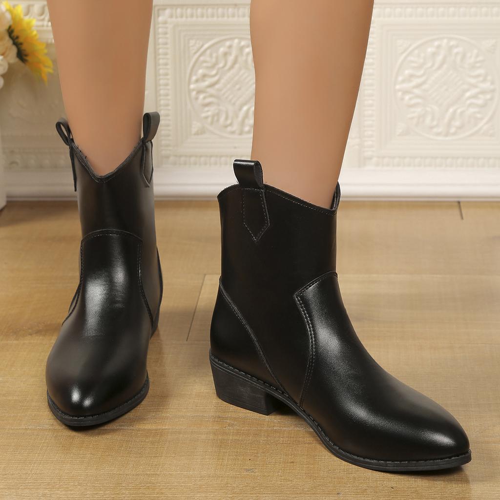 Nya Dam Stövletter Läder Höst Vinter Designer Korta Stövlar Tjocka Klackar Spetsig Tå Vardagsskor Kvinna Kontorsdam Svart