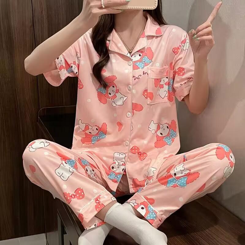 Cute Melody pajamas women's Japanese sweet cartoon style loungewear age-reducing girls cardigan short-sleeved set