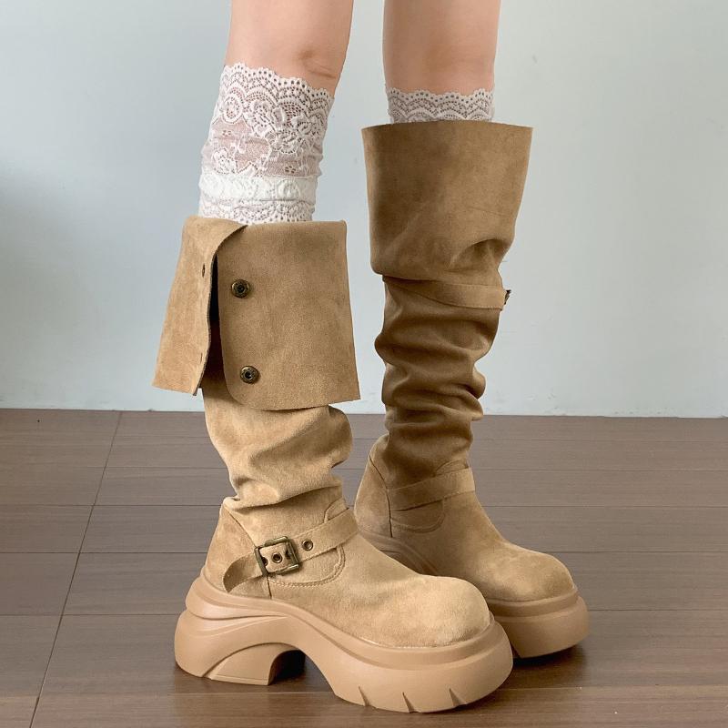 Winter Vintage Platform Thick Sole Woman Knight Boots Fashion Belt Buckle Slip On Shoes Punk Style Height Increase Long Booties