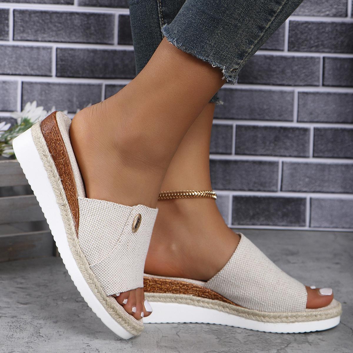 

Босоножки на танкетке и платформе с высоким каблуком — удобные летние шлепанцы со стелькой из искусственной кожи и подошвой из полиуретана — универсальная обувь с открытым носком для женщин 43 бежевый