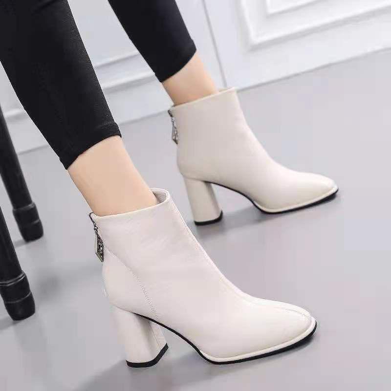 Women's High Heel Ankle Boots: British Style, Chunky Heel, Square Toe, Slim Fit – Perfect for Autumn and Winter.