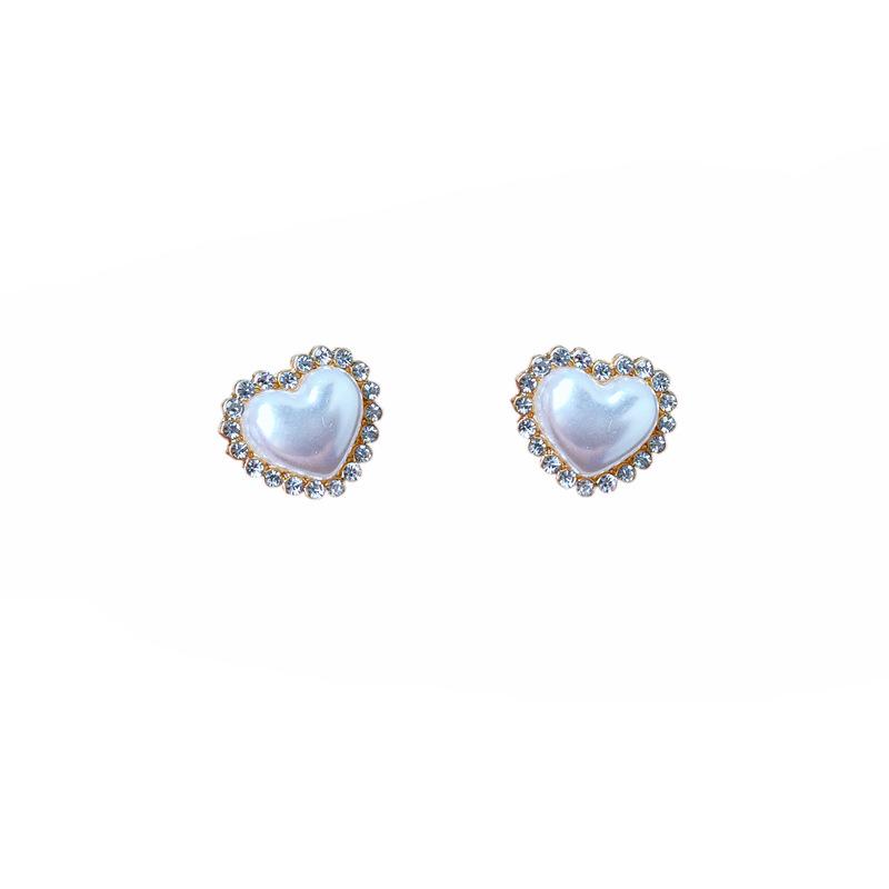 14K Gold & Silver Heart-Shaped Diamond Stud Earrings - Korean Style