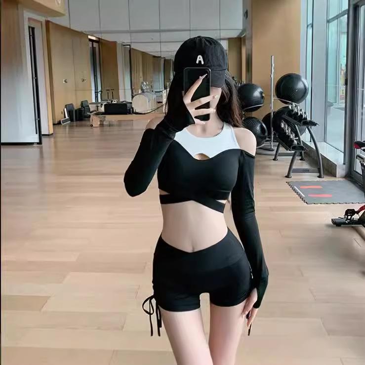 European & American High-Waist Black Drawstring Fitness Shorts for Women