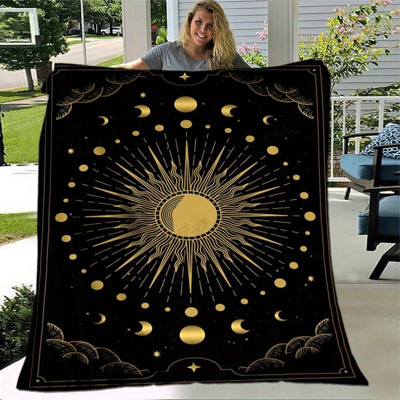 1pc Sun Stars Moon Printing Lightweight Flannel Blanket, Comfortable and Warm Blanket, for Camping Sofa Bed and Couch Office, Gift
