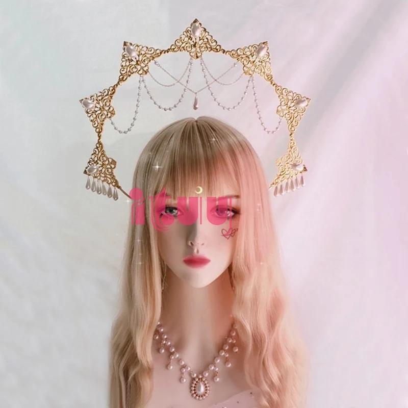 Crown Halo Headband Goddess Spiked Pearl Sun Pendant Halo Headpiece Cosplay Bridal Party Baroque Tiara Headwear Accessories