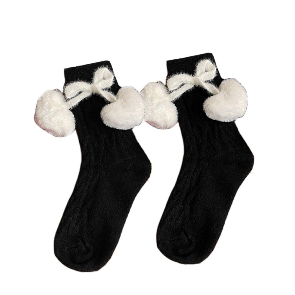 

Heart Pendant Knitted Mid-tube Socks Sweet Plush Ball Socks Lolita Socks Woman Winter чёрный