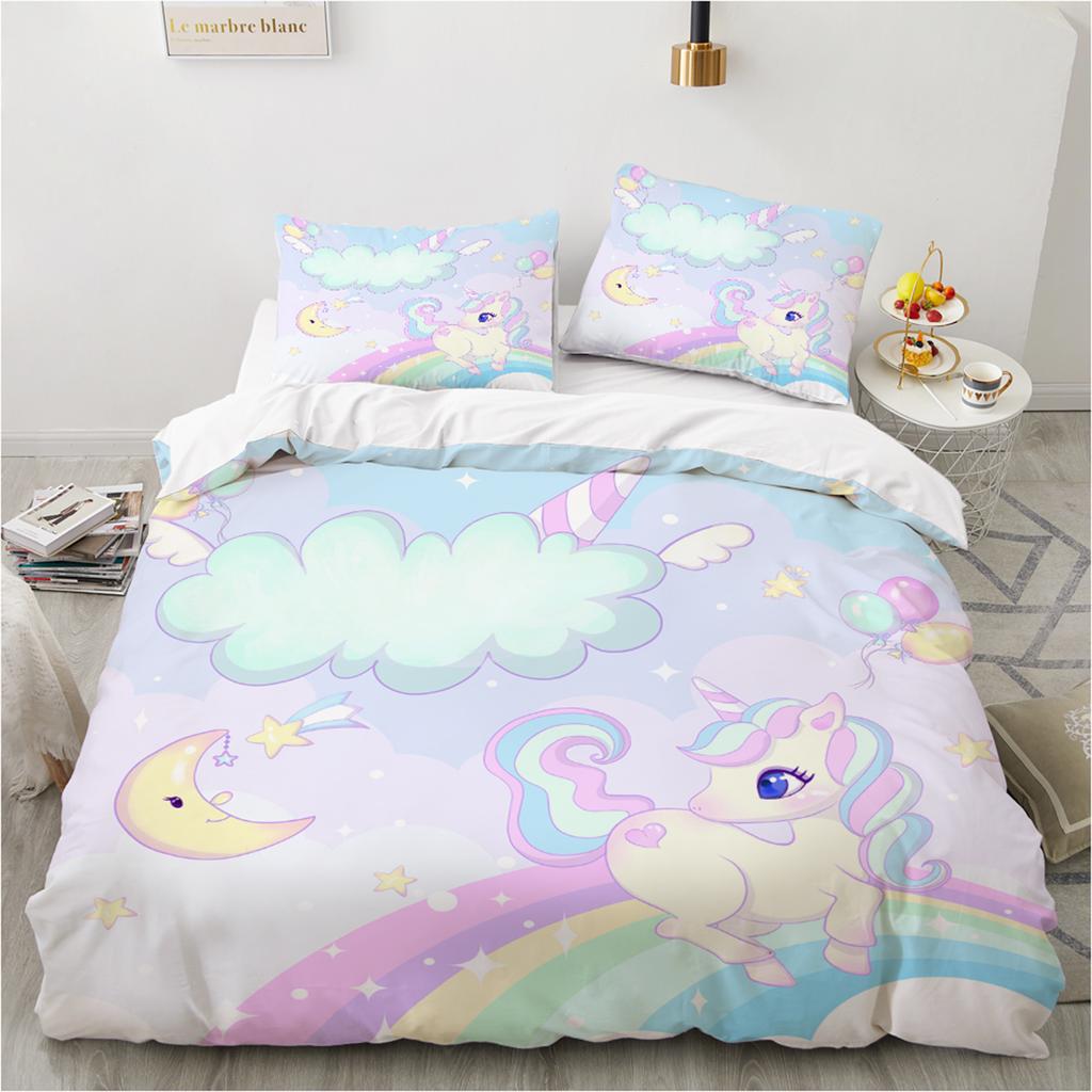 Conjunto de cama de unicórnio mágico 3d, meninos, meninas, tamanho queen, capa de edredom, fronha, cama, crianças, adultos, moda têxtil para casa