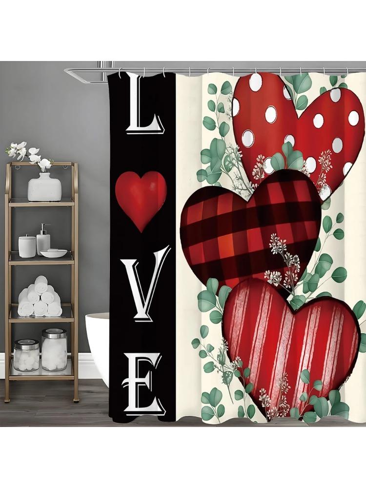 

Valentine S Day Love Floral Plaid Striped Polka Dot Love Shower Curtain, Bathroom Decorative Shower Curtain, Waterproof Shower C W60H190(CM)-1 Pcs