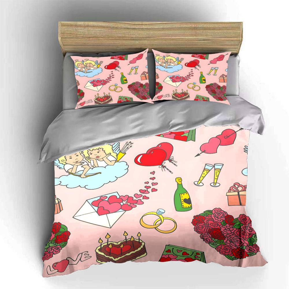Hand-Drawn Love Elements Bedding Set For Kids Luxury Gift 3Pcs Digital Print Comforter Set Soft Comfortable Breathable