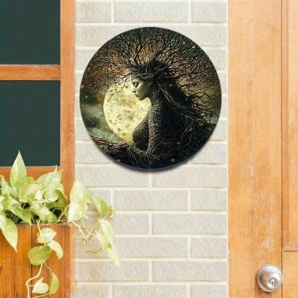 Vintage Round Metal Wall Art, Forest Goddess Moon Tree Branch Sign, Mystical Nature Home Decor for Bar Cafe