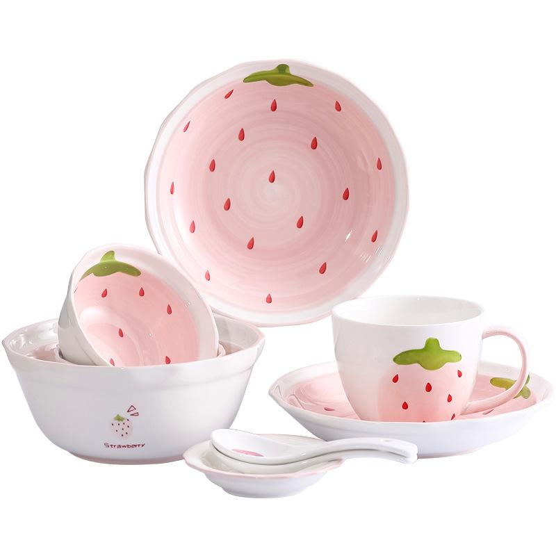 Pink Strawberry Plate Rectangular Ceramic Western Steak Plate Round Fruit Dessert Bowl Noodle Soup Large Bowl Breakfast Milk Mug