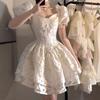 Summer women's clothing French retro waist high-end temperament bubble sleeve princess dress gentle wind puffy dress