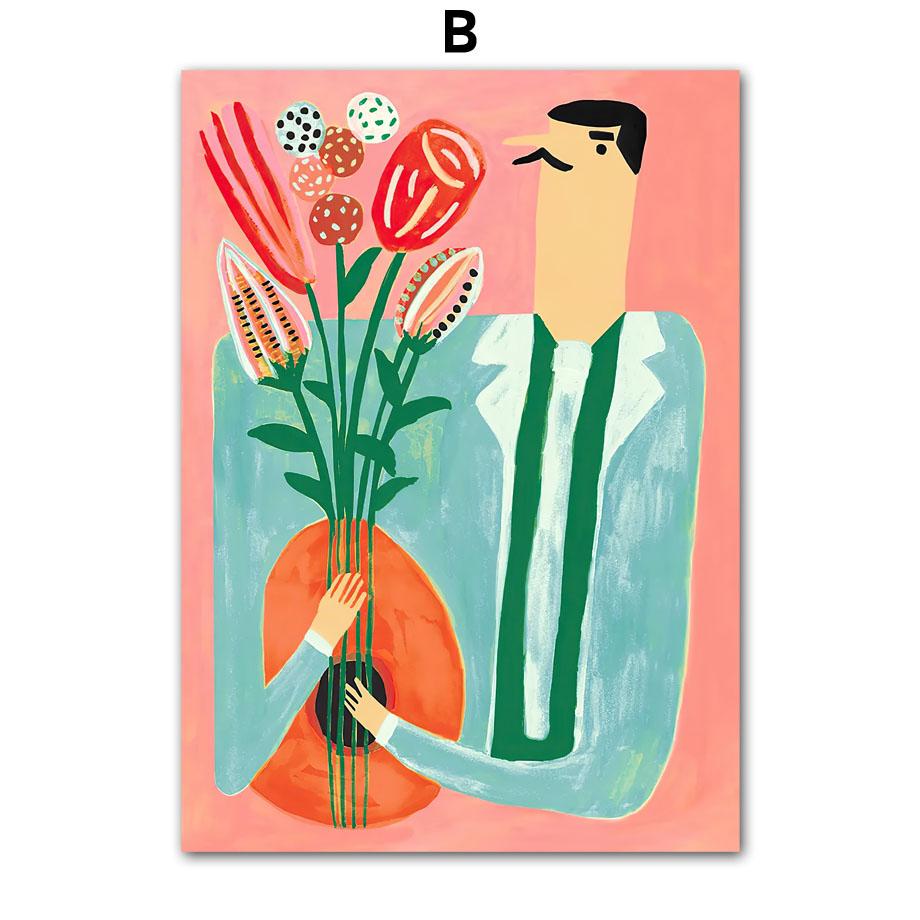 Boho Vas Blommor Katt Citron Frukt Abstrakta Affischer Och Tryck Väggkonst Kanvasmålning Hotell Bar Bild för Vardagsrumsinredning