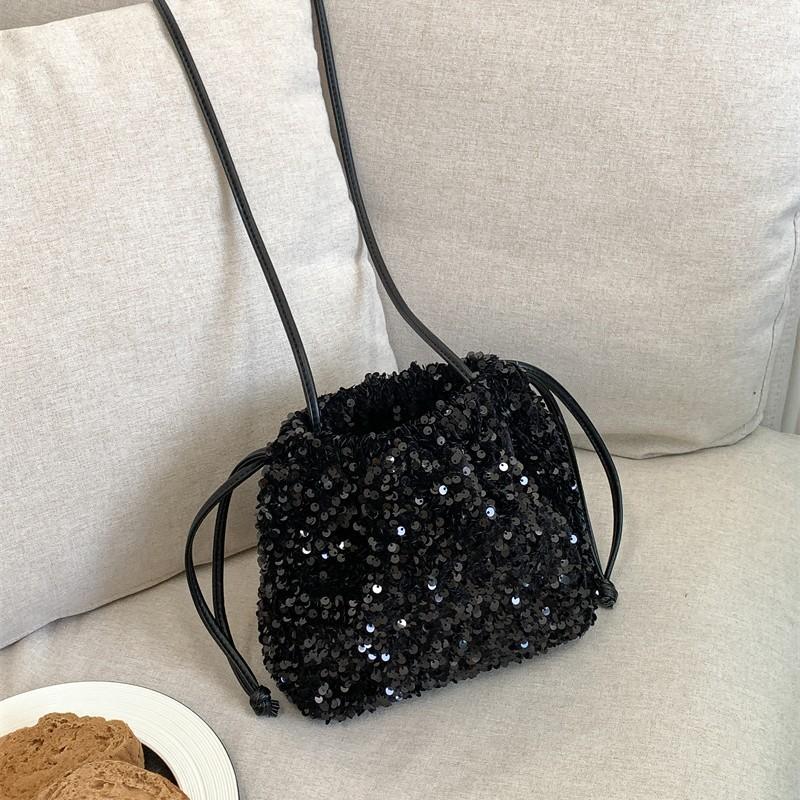 Borsa Secchiello Portatile, Sensazione di Lusso da Donna, Borsa a Spalla Pieghettata con Coulisse, Borsa alla Moda Europea e Americana Colorata con Paillettes da Donna