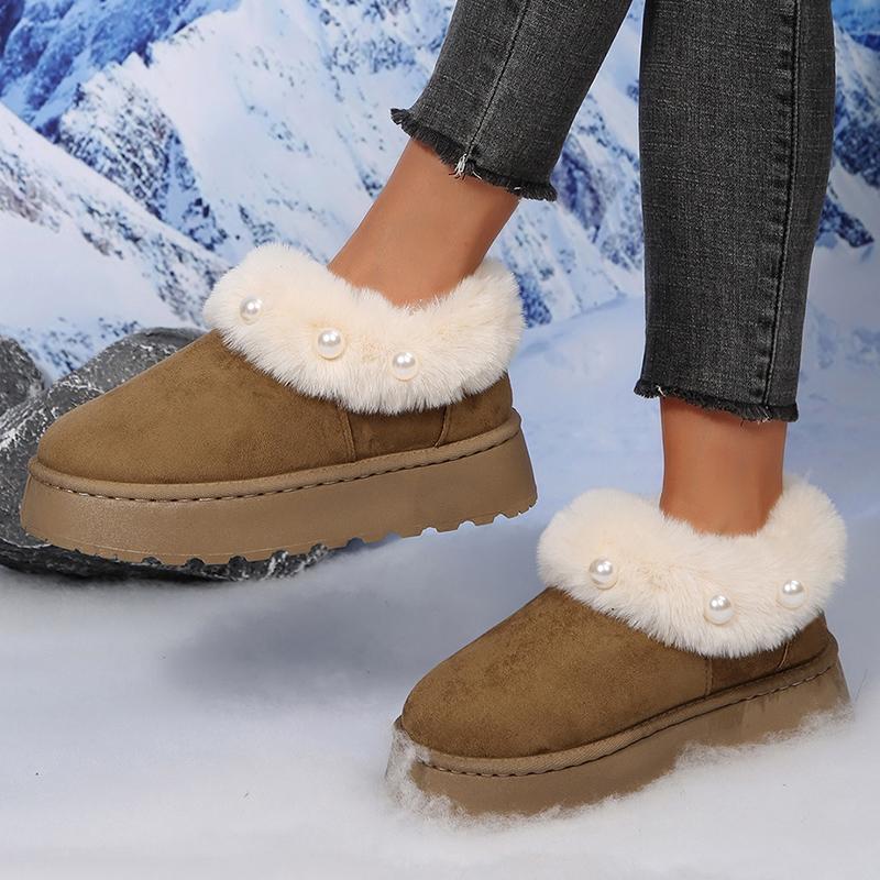 Fluffy Fur Platform Snow Boots Women Fashion Pearls Decor Non Slip Winter Ankle Boots Woman Thicken Plush Warm Cotton Shoes 43