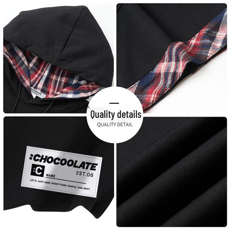 :CHOCOOLATE Men's Hooded Plaid Color-Block Short-Sleeve T-Shirt