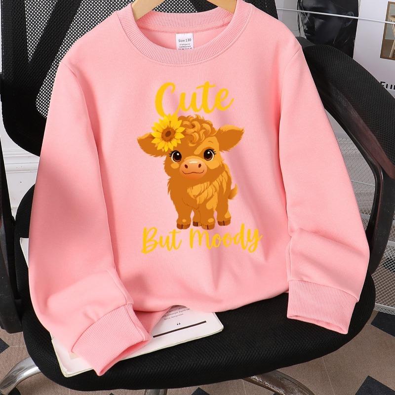 Kids Crewneck Long Sleeve Sweatshirt,Cute Cartoon Calf with Sunflowers Graphic Print