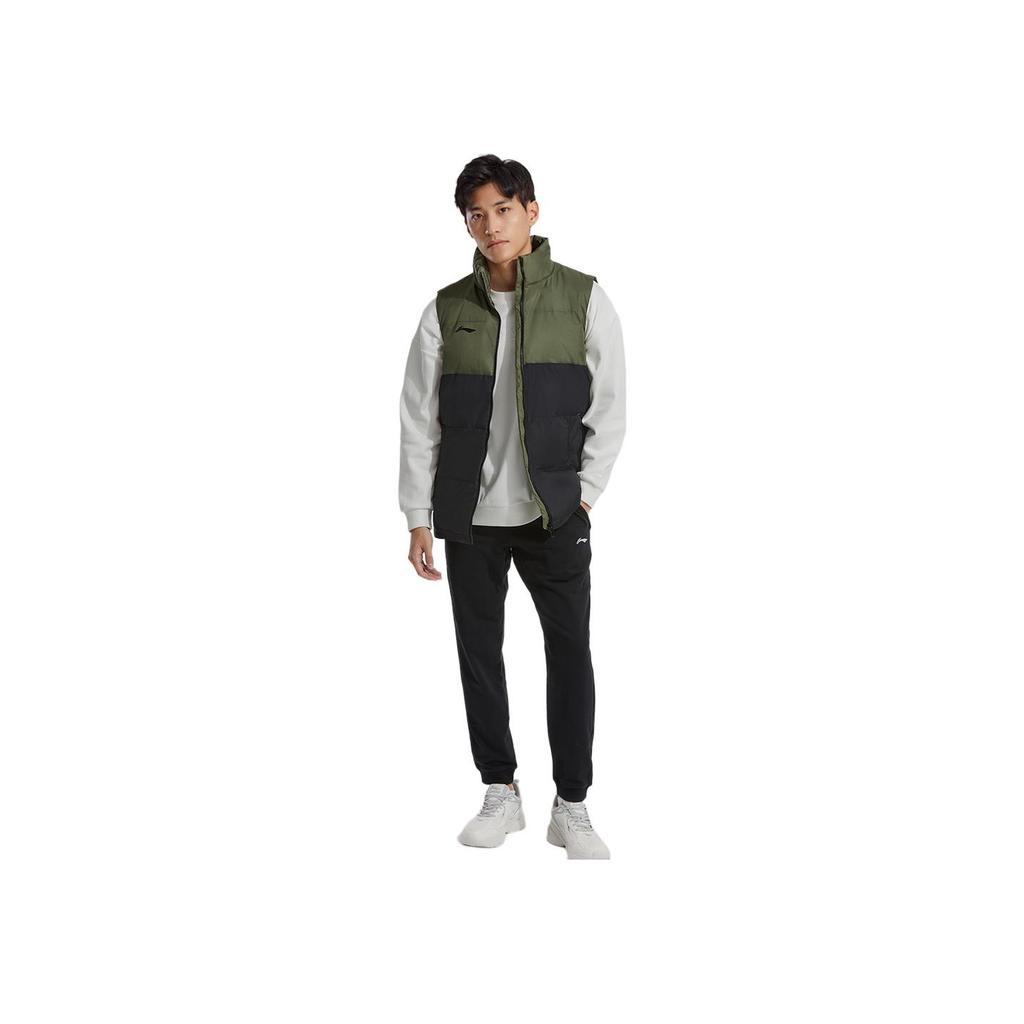 Li Ning Série Football Logo Color Block Chaud Col Montant Gilet en Coton Homme Gilets Vert Foncé AMMR015-2