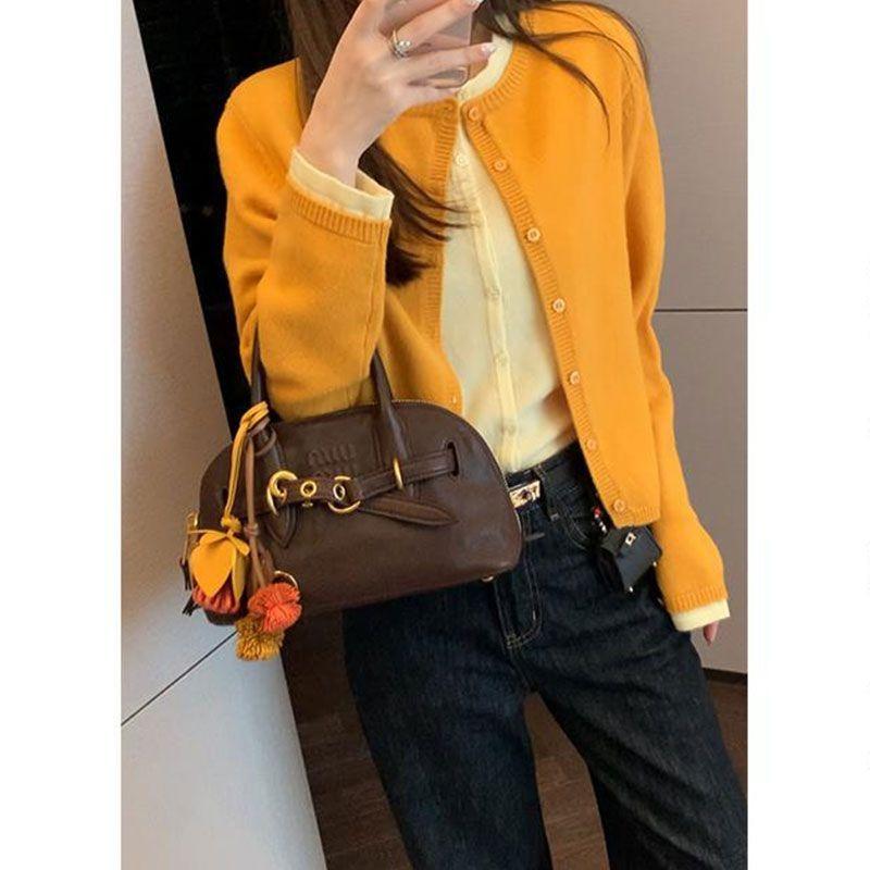 

Модный свитер с круглым вырезом, вязаный, дизайн с контрастными цветами, имитация двух частей, женский шикарный простой кардиган-топ S жёлтый