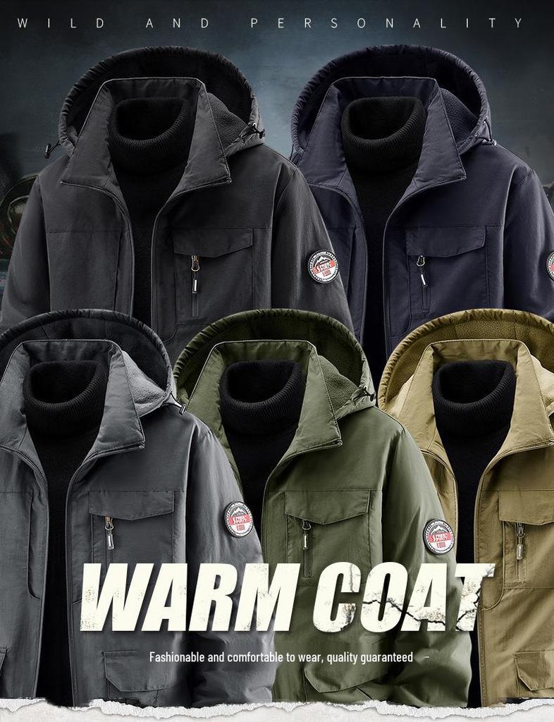 Men's Thick Fleece-Lined Workwear Jacket with Detachable Hood - Trendy Casual Style 23011R