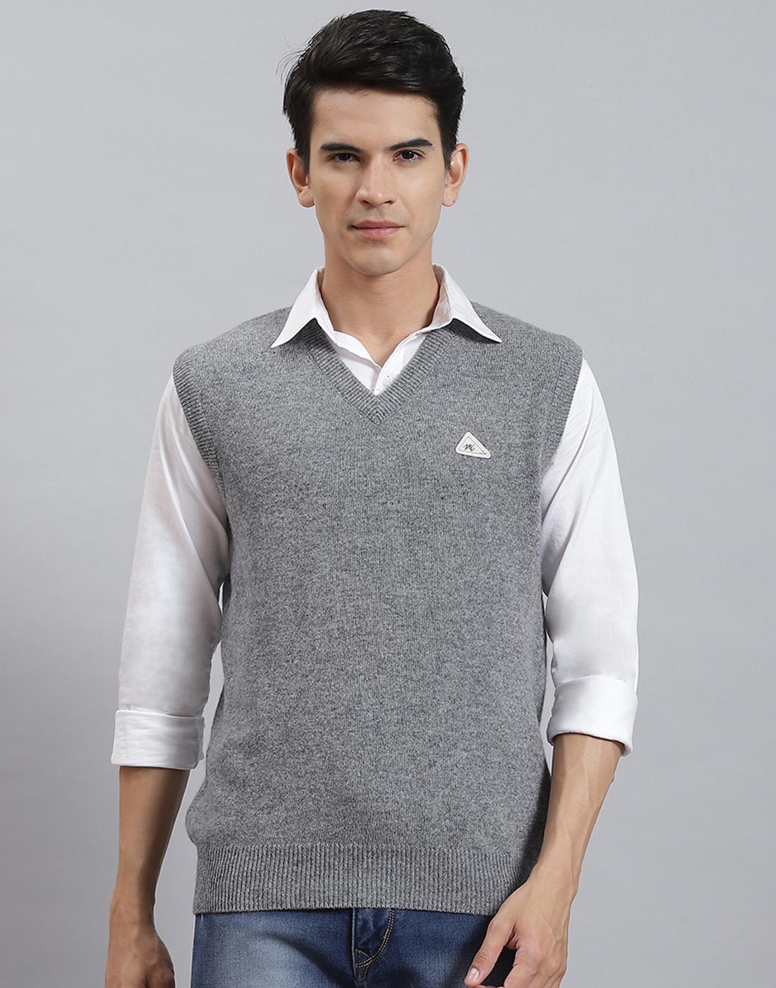 

Monte Carlo Mens Solid Grey V Neck Sleeveless Sweater
