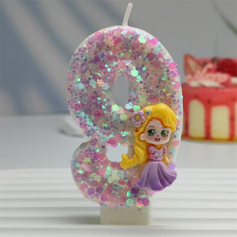 

Creative Styling Cartoon Rapunzel Digital Candle Birthday Cake Decoration Colorful Sequin Candle Number 9