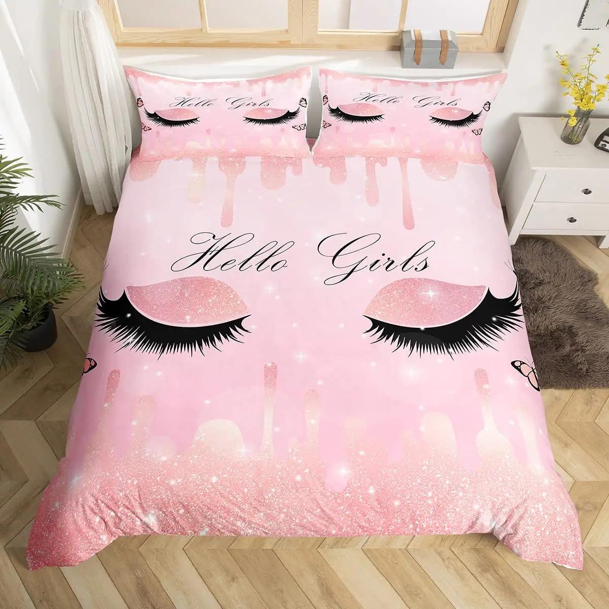 

Women Eyelash King Quen Soft Duvet Cover Gliter Galaxy Beding Set Pink Sequin Ink Fluid Art Comfortable Quilt Cover Polyester Warm Comforter Cover 120*200cm Single