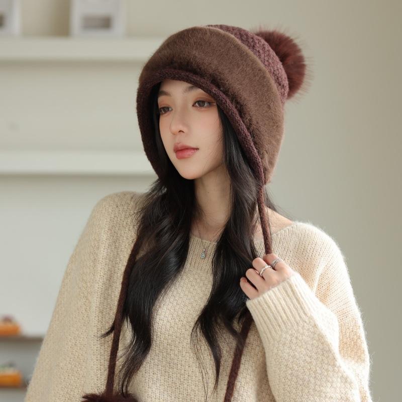 Winter Thickened Warm Ear Cap Women's Plush Big Hairball Knitted Hat Outdoor Windproof and Cold-proof Plush Hat