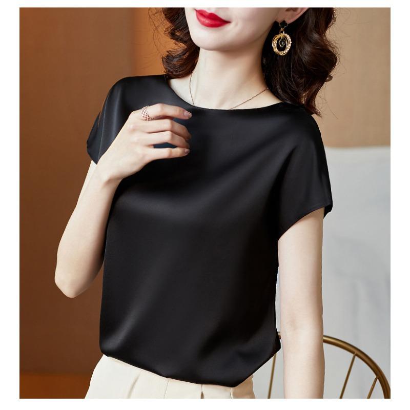 Round Neck Short Sleeve Women's Solid Color Mulberry Silk Top Large Size Loose Satin Bottoming Shirt