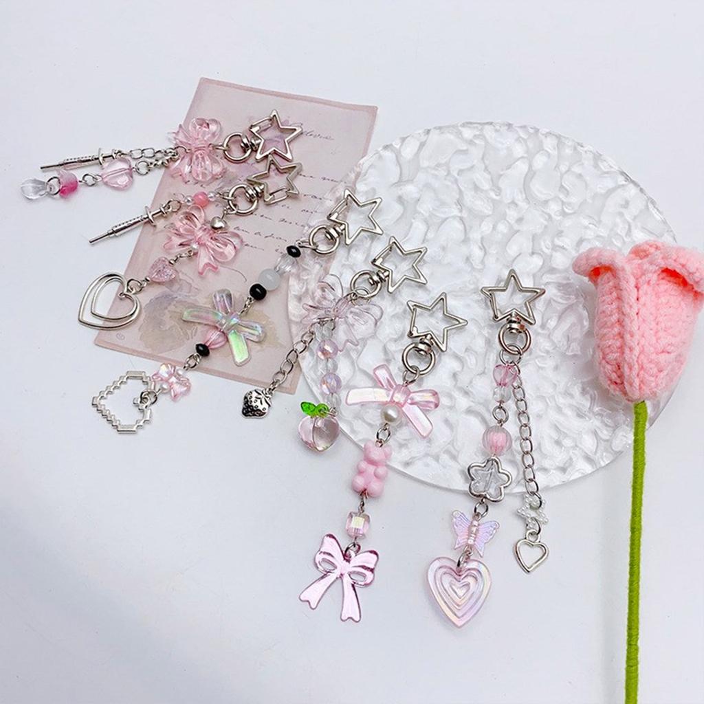 Sweet Star Heart Bowknot Charm Pendant Chain Phone Strap Pocket Keychain Strap Hangings Decoration for Key Bag Purse