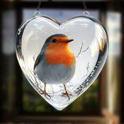 1pc Heart-Shaped Robin Acrylic Sun Catcher - Reflective Red-Breasted Bird Hanging Decor
