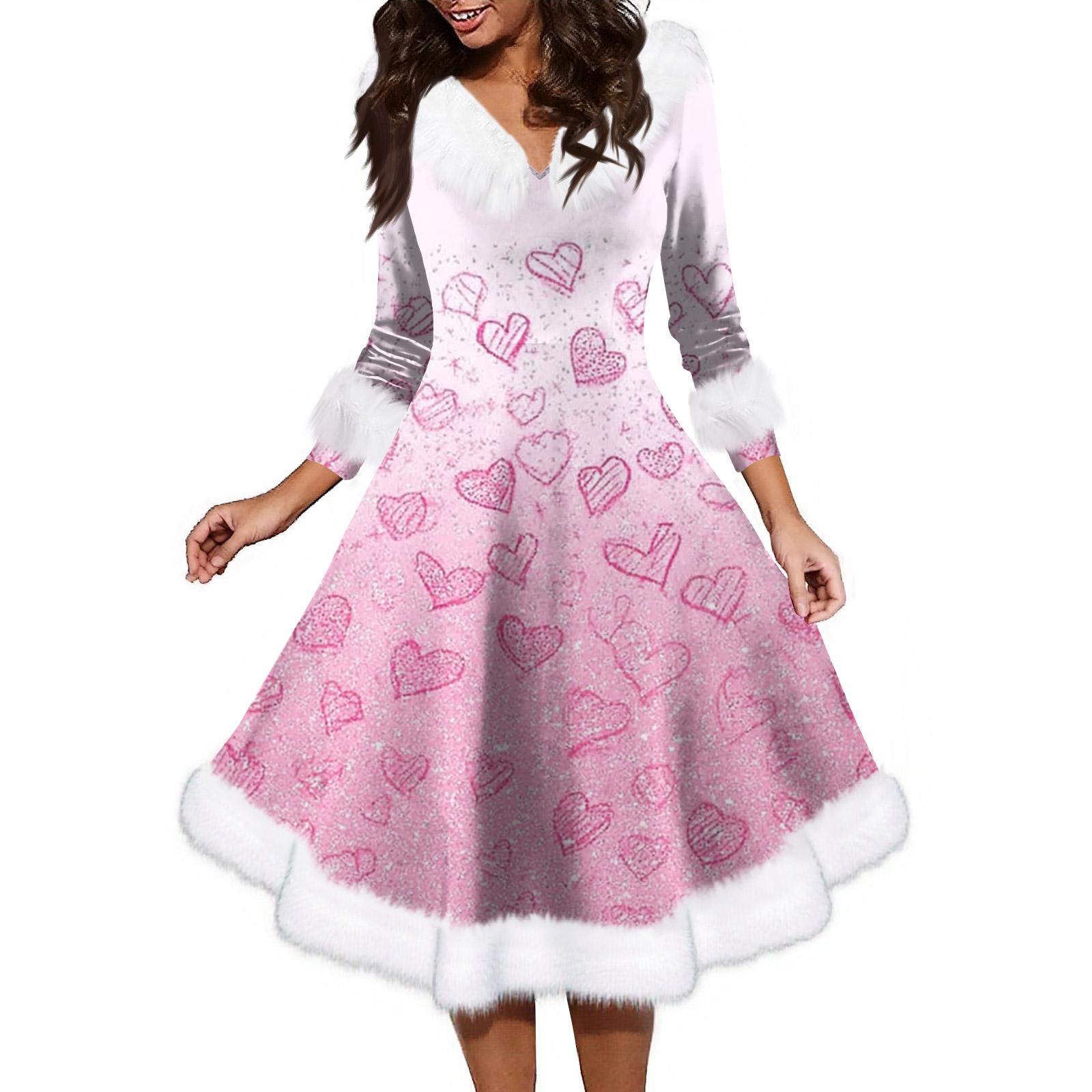 

Women s Fashion V-neck Casual Fit Christmas Print Party Long Sleeve Dress XL кавун червоний колір