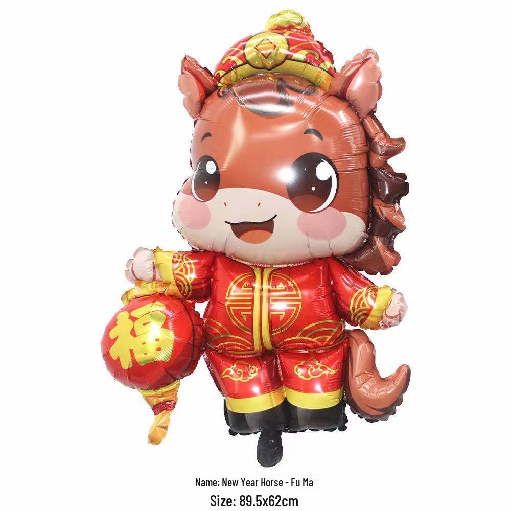 Red Festive New Year Pony Balloons with Fu Character - Aluminum Foil Decorations for Chinese New Year & Annual Parties