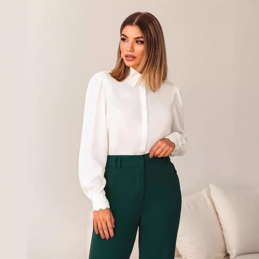 2024 Autumn Women's Fashion Lace Collar Solid Color Versatile Shirt