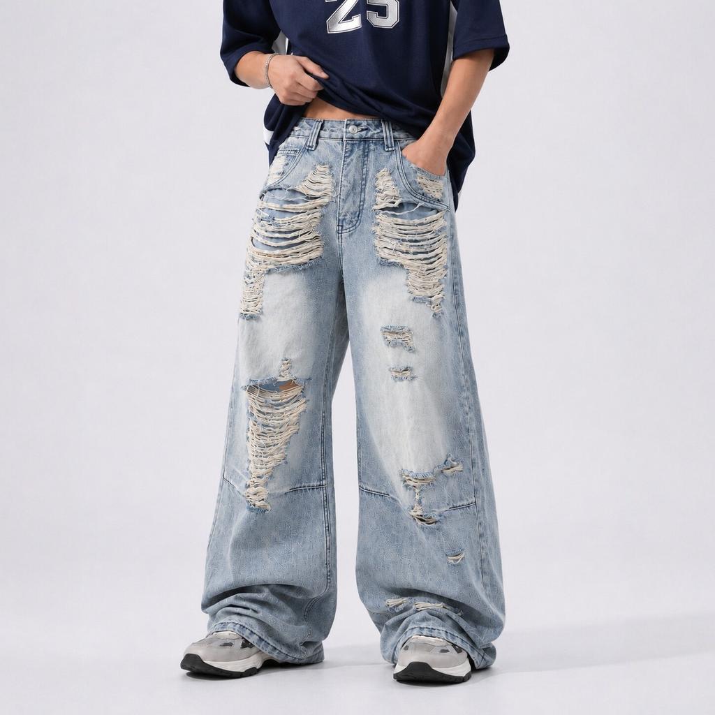 American high street ripped jeans men's loose wide-leg washed old floor-mopping trousers trendy retro straight-leg trousers
