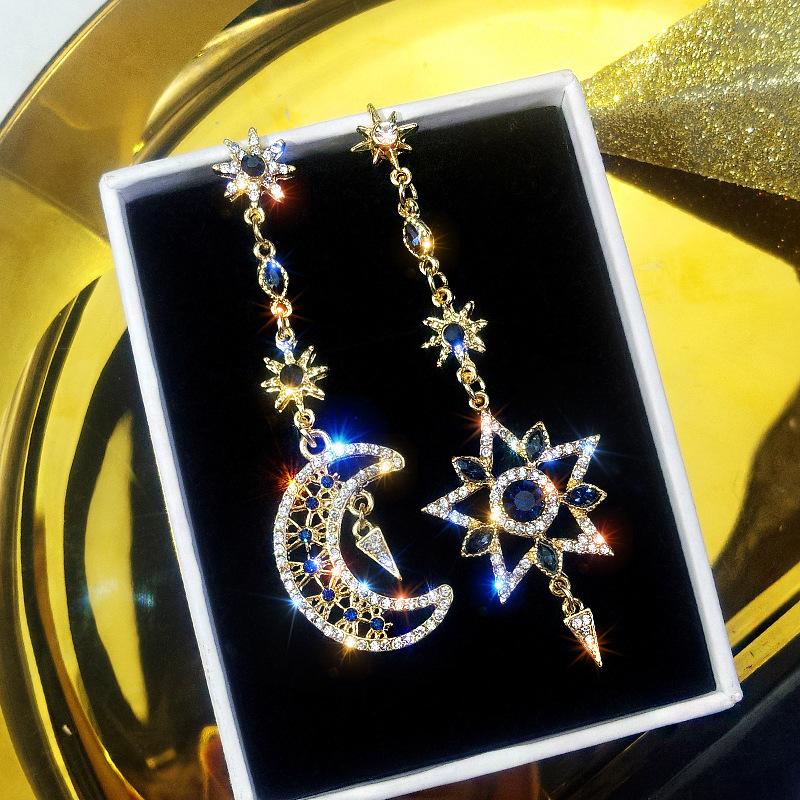 Elegant Asymmetric Star Moon Earrings Long Statement Tassel Sparkling Personalized Earrings Jewelry