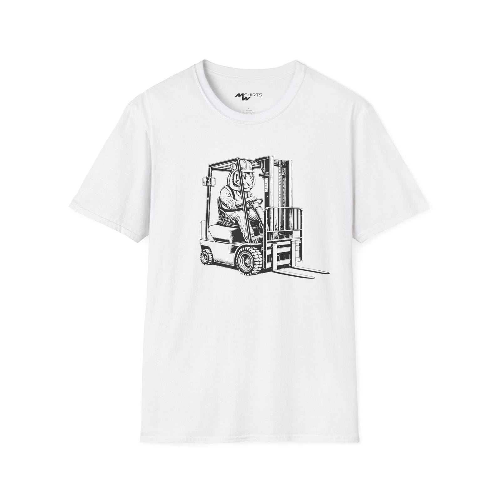 Engraving-Style Tiger on Forklift T-Shirt/ Unisex Softstyle T-Shirt XL