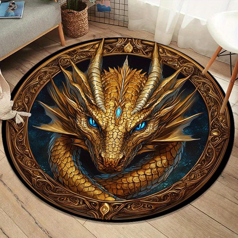 Golden Dragon Head Round Rug Mythical Beast Fantasy Animal Art Blue Eyes Dragon Bedroom Decor Anti Slip Floor Mat