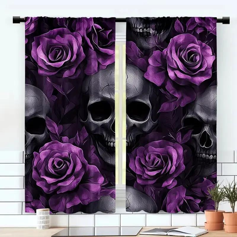 Set Of 2 Halloween Purple Rose Skull Design Pattern Printed Curtains Window Decorations Home Room Curtain Made Polyester