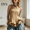 Relaxed Fit Women Blouse Tops Solid Color Loose Breathable Casual Soft Fabric Shirt O-Neck Sleeveless Ruffle Splicing Hem Summer Vest Daily