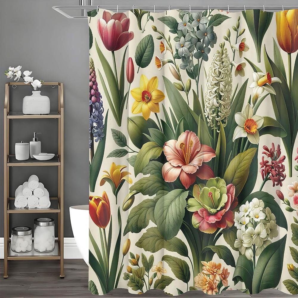 Spring Flower and Leaf Plant Shower Curtain, Bathroom Decorative Shower Curtain, Waterproof Shower Curtain with Hooks