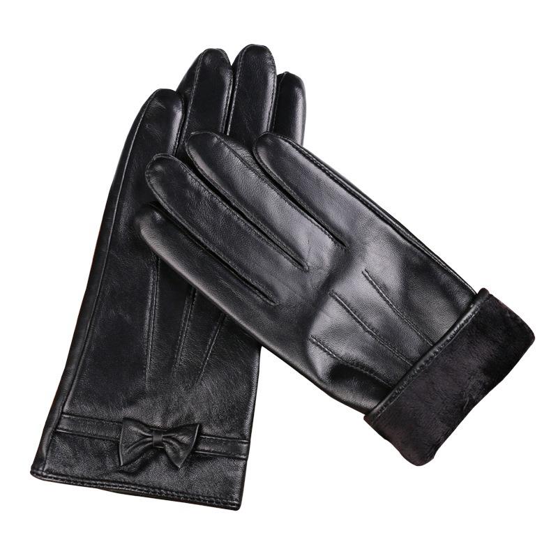 Women's Autumn and Winter Sheepskin Gloves, Piled and Thickened Outdoor Sports, Warm and Cold-proof Fashion Bow Touch Screen Gloves