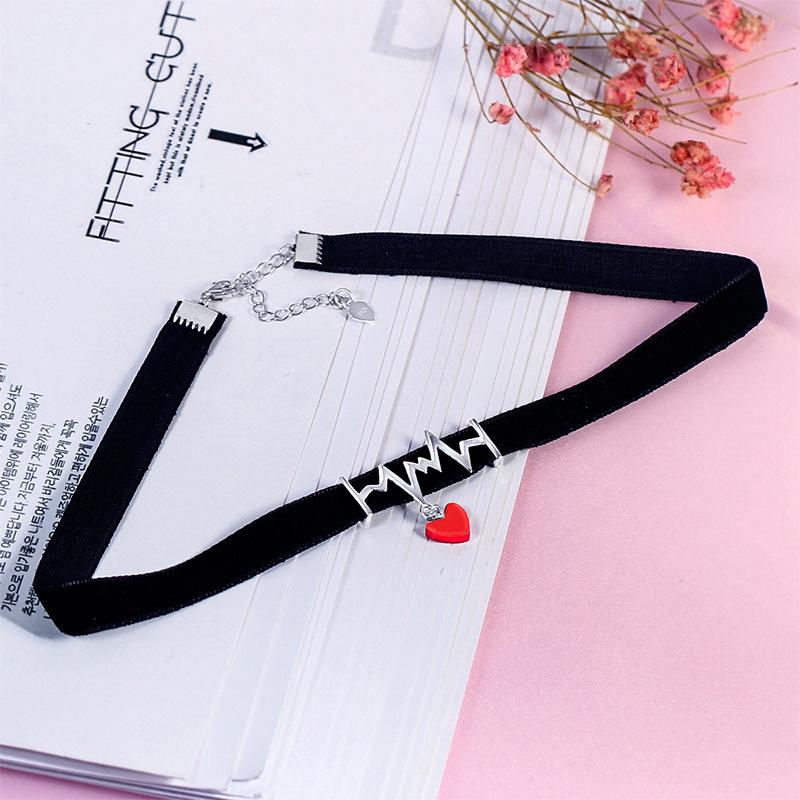 S925 Silver EKG Red Heart Choker Necklace - Black Rope Jewelry for Christmas & Valentine's Day Gift