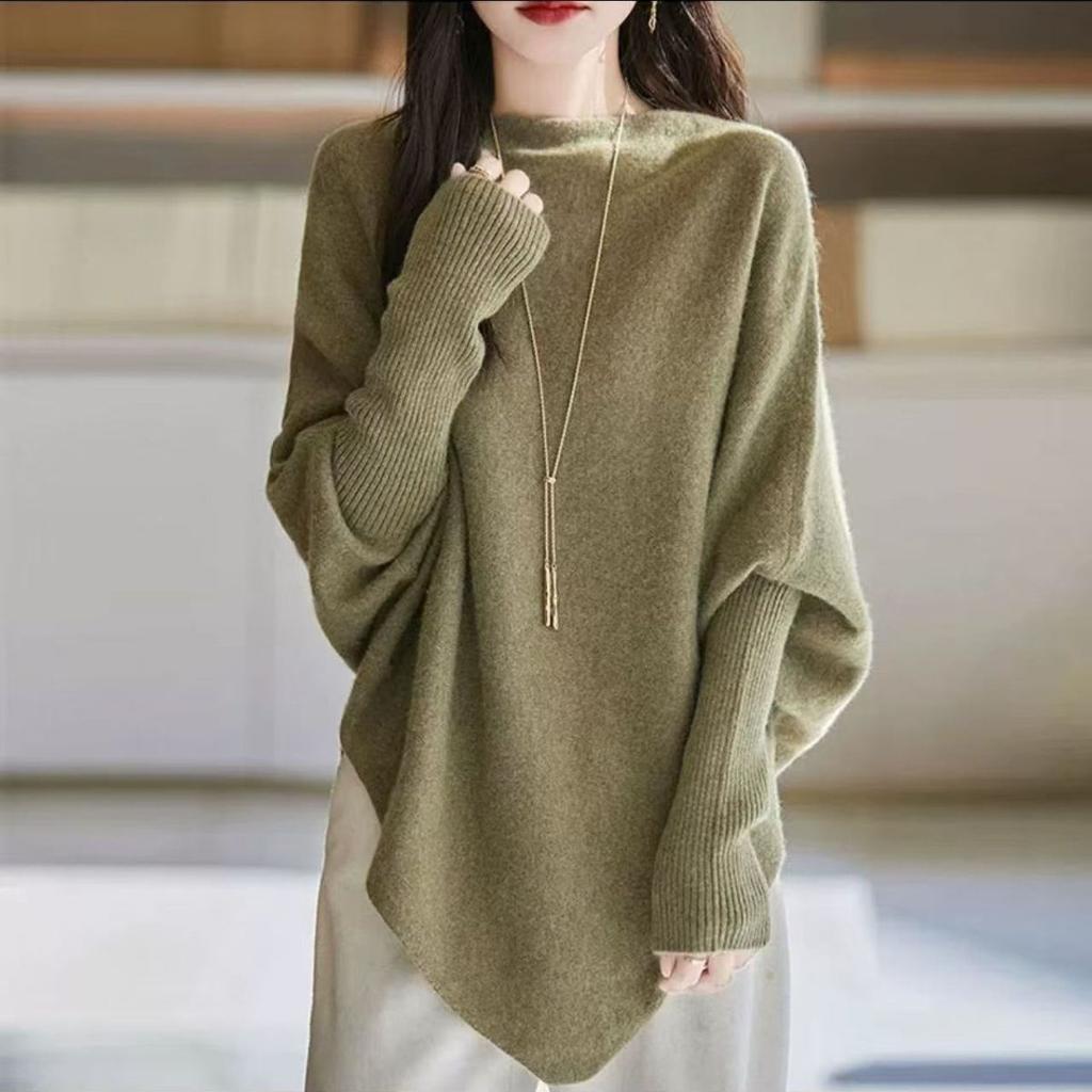 Women's Thin Knitted Batwing Sweater Loose Boat Neck Irregular Sweater Autumn Winter Soft Stretchy Knitted Top