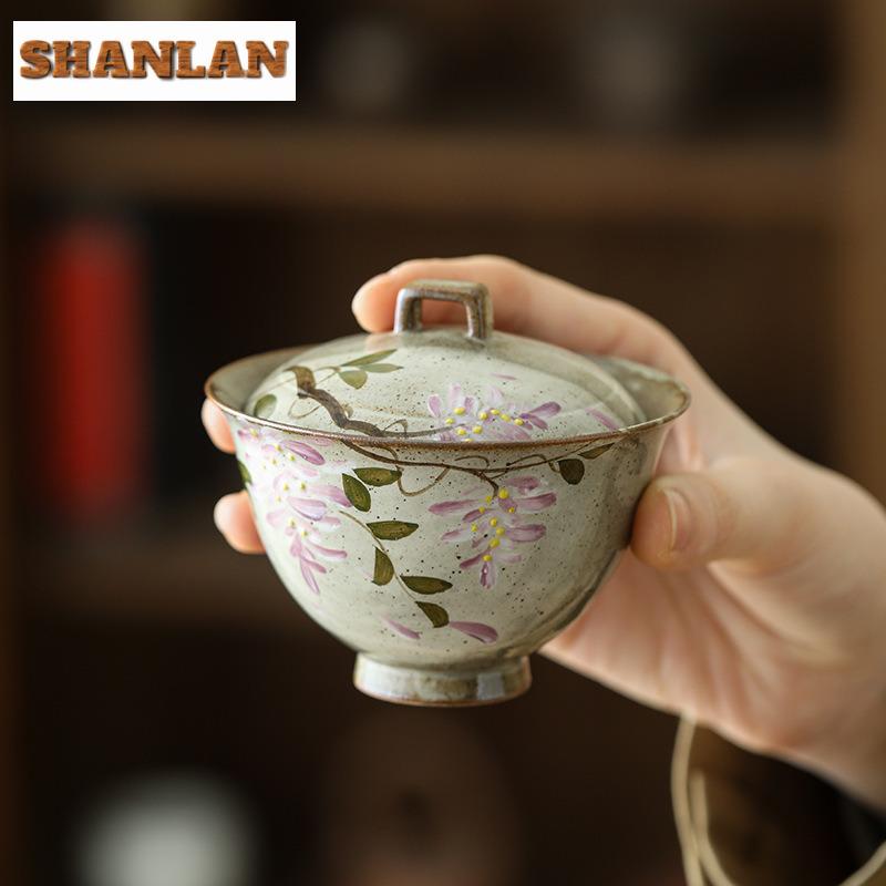 Hand-painted Wisteria Flower Two Talents Gaiwan Traditional Tea Tureen Tea Bowl With Lid Kit Tea Maker Cover Bowl Teaware Craft