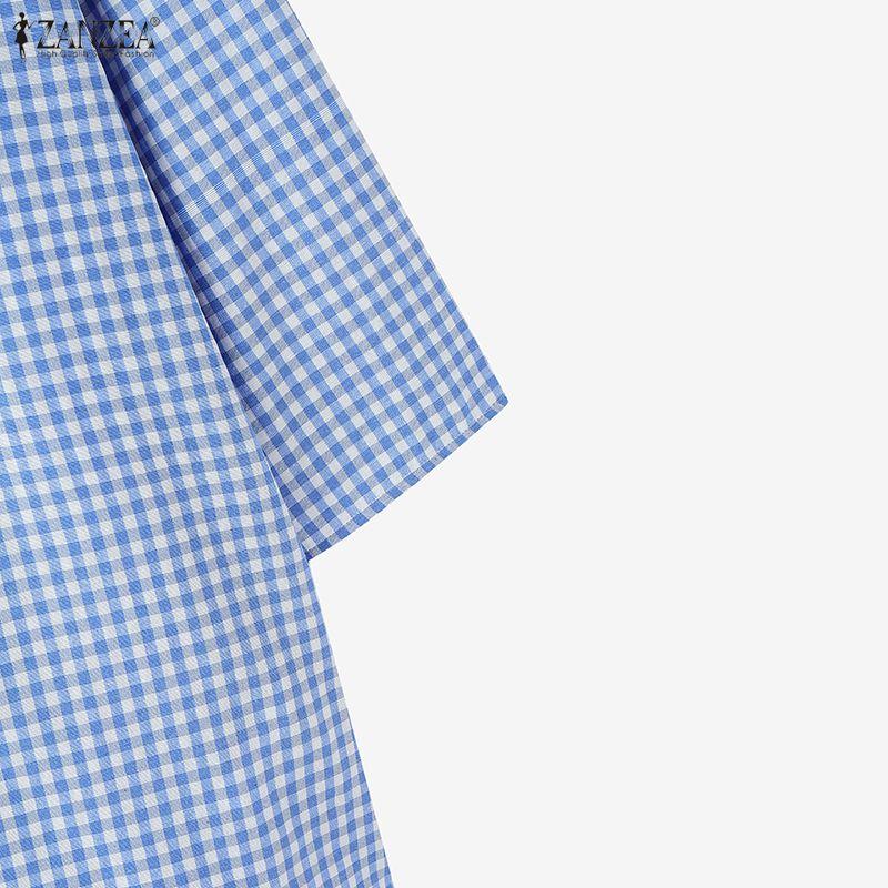 ZANZEA Women Plaid Print Casual Round Neck 3/4 Sleeve Blouse
