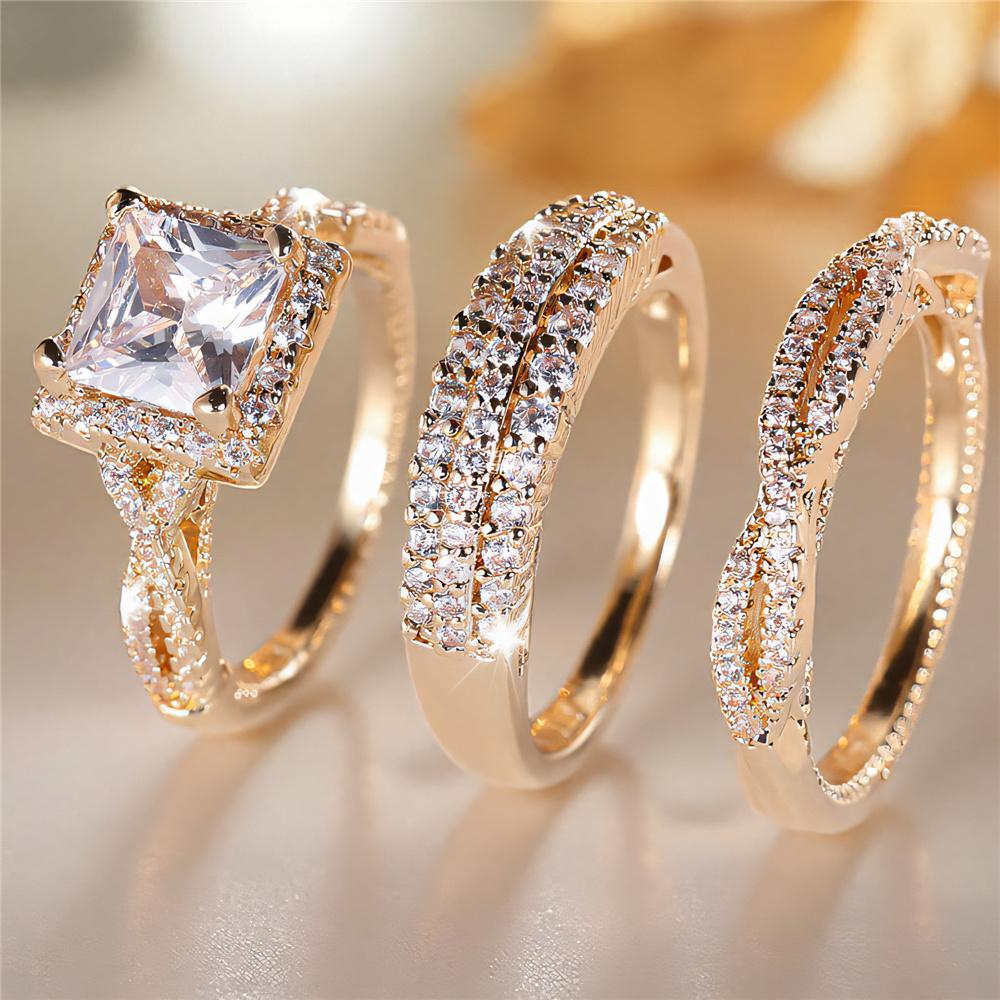 Crystal Female White Zircon Ring Set Fashion Vintage Gold Color Bridal Wedding Engagement Jewelry For Women