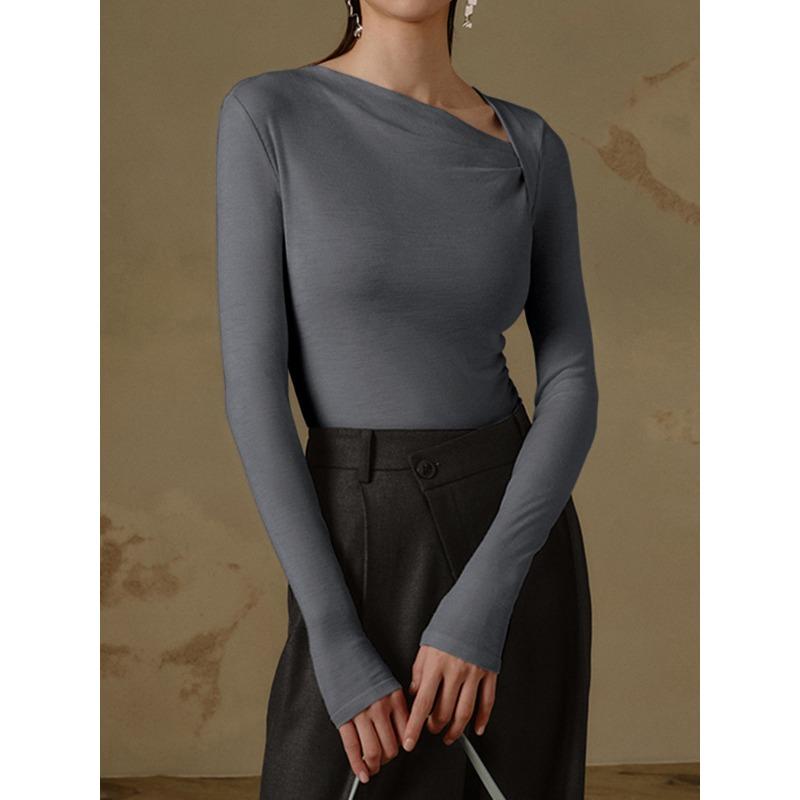 Women's Sexy Slant Neck Long Sleeve Solid Colour Inner Temperament Elegant Top