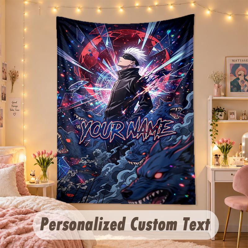 Benutzerdefinierter personalisierter Wandteppich, Jujutsu Kaisen Druck Benutzerdefinierter Name Text Wandkunst zum Aufhängen für Schlafzimmer