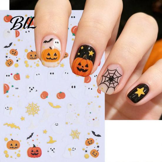 Self Adhesive Nail Decals Halloween Art Stickers, Cartoon Pumpkin Ghost Bat for Decorative Nails Stickers Decorations, Self-Adhesive Holiday Manicure